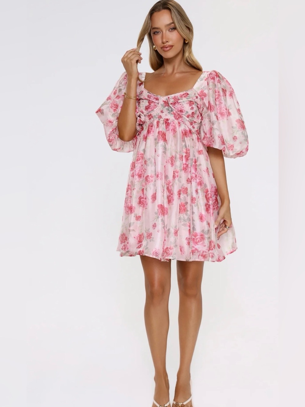 Bohme Women’s Floral Mini Puff Sleeve Dress NWT M Boho Coquette Cottagecore